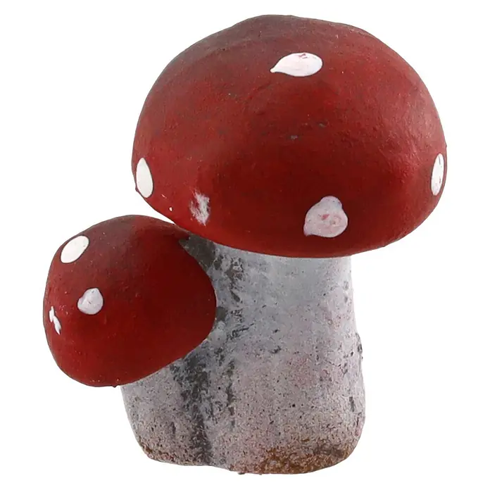 Geroma Dekofigur Keramik Fliegenpilz - Farbe: Weiß, Rot, Länge: 5 cm - Zwei dekorative rote und weiß gepunktete Pilze, ein großer und ein kleiner, mit grauen Stielen.