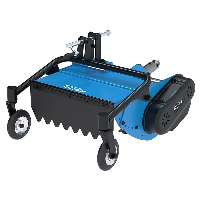 Güde Schlegelmulcher - Passend für: Motoreinachser GME 6,5 V, 500 mm Schnittbreite, 10-70 mm Schnitthöhe - Blau-schwarzes Güde Landwirtschaftsgerät mit Rädern, Schutzhaube und Einstellkurbel.