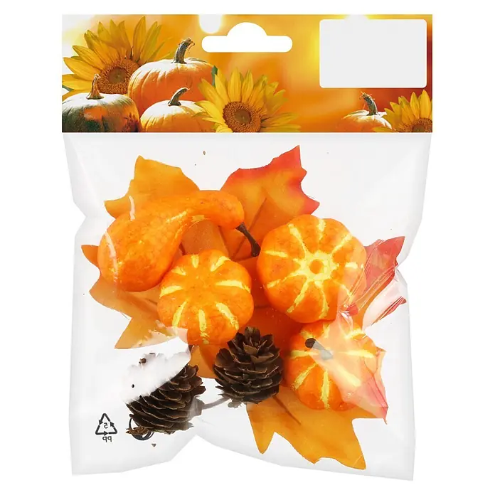 Geroma Tischdeko-Set - L x B x H: 16,5 x 12,5 x 3,5 cm, Farbe: Braun, Orange - Klare Plastiktüte mit Herbstdekorationen: kleine orangefarbene Kürbisse, Flaschenkürbisse, Stoffblätter und Tannenzapfen.