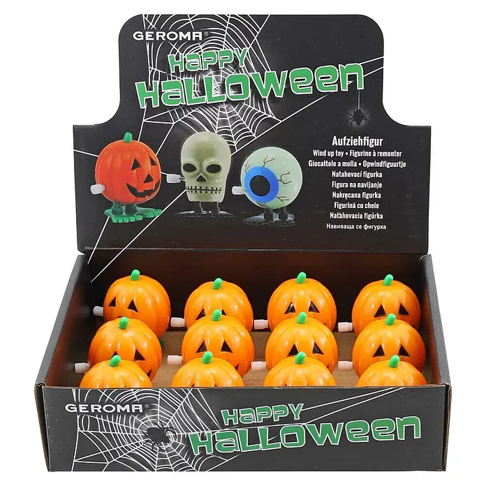 Geroma Dekofigur Kunststoff Kürbis Aufziehfigur - L x B x H: 5,5 x 4,5 x 4 cm, Farbe: Orange - Eine Geroma Happy Halloween Display-Box mit orangefarbenen Kürbis-Aufziehspielzeugen, sowie Beispielen von Kürbis, Schädel und Augen-Spielzeug.