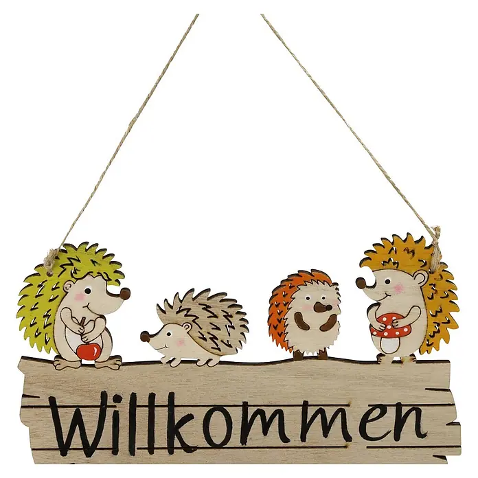 Geroma Deko-Schild Holz Türhänger - Farbe: Braun, B x L: 14 x 22,5 cm - Hölzernes Willkommensschild mit vier Igeln und dem Wort 'Willkommen'.