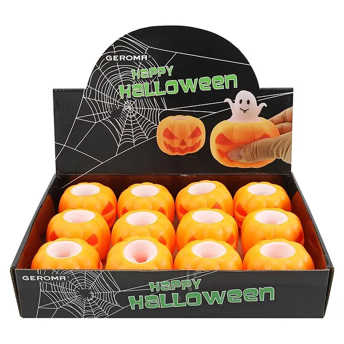 Geroma Dekofigur Kunststoff Kürbisse - L x B x H: 7 x 7 x 4,5 cm, Farbe: Orange - Schwarze Halloween-Displaybox mit „Happy Halloween“-Aufschrift, gefüllt mit orangefarbenen Kürbis-Quetschtieren. Zeigt einen Geist, der aus einem Kürbis kommt.