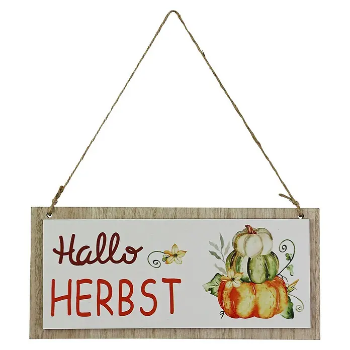 Geroma Deko-Schild Holz Türhänger - Farbe: Mehrfarbig, B x L: 10 x 22 cm - Rechteckiges Hängeschild mit Holzrahmen, Aufschrift "Hallo HERBST", Kürbissen und Juteschnur zum Aufhängen.