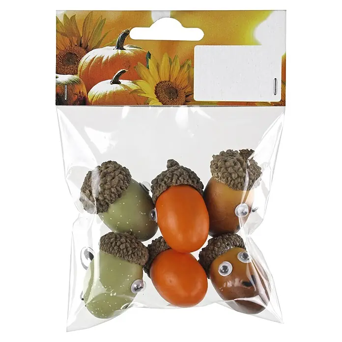 Geroma Tischdeko - Farbe: Braun, Orange, Grün, L x B x H: 12,5 x 9,5 x 2 cm - Dekorative grüne, orangefarbene und braune Eicheln mit Wackelaugen in einer transparenten Tüte mit herbstlicher Kopfkarte.