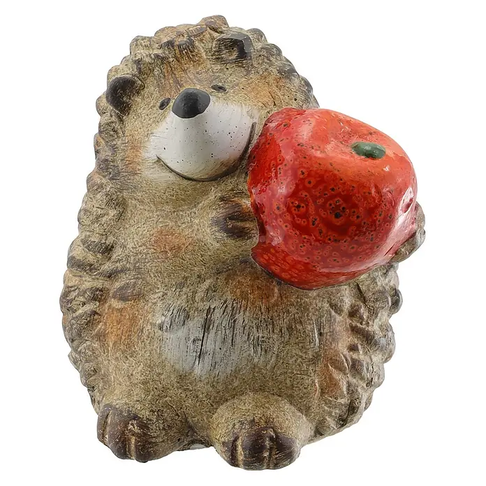 Geroma Dekofigur Keramik Igel - Farbe: Braun, Weiß, Rot, B x L: 7,5 x 9 cm - Keramik-Igel-Figur in Braun-Beige, hält einen glänzenden roten Apfel mit grünem Stiel.