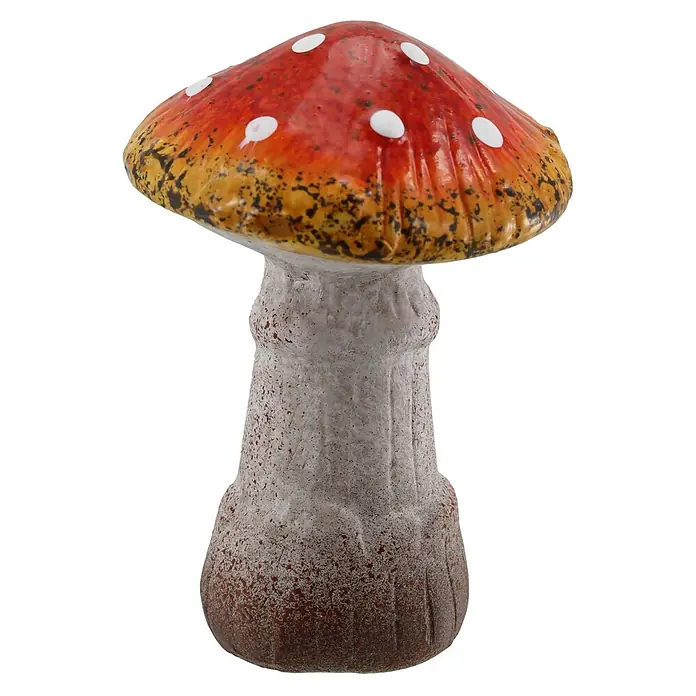 Geroma Dekofigur Keramik Pilz - Farbe: Braun, Grün, B x L: 6 x 8,5 cm - Dekorativer Keramikpilz mit rot-orange Kappe, weißen Punkten und strukturiertem grauem Stiel.