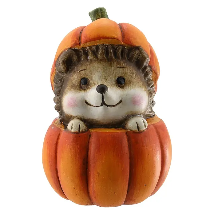Geroma Dekofigur Keramik Igel - Farbe: Braun, Orange, Länge: 13 mm - Niedliche Keramik-Igel-Figur schaut aus einem orangefarbenen Kürbis, ideal für Herbst- oder Halloween-Deko.