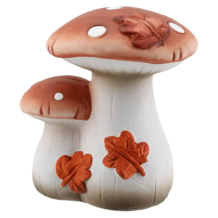 Geroma Dekofigur Keramik Pilze - L x B x H: 11,7 x 9,5 x 13 cm, Farbe: Weiß, Rot - Keramikpilz-Figur mit braunen Kappen, weißen Punkten, weißen Stielen und geprägten orangefarbenen Blättern.