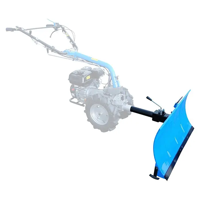 Güde Schneeräumschild - Passend für: Motoreinachser GME 6,5 V, Breite: 570 mm - Hellblauer Schneepflug-Anbau für einen Einachsschlepper, mit schwarzem Schaft und gekrümmter Klinge zur Schneeräumung.