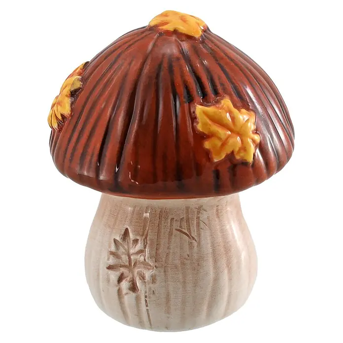 Geroma Dekofigur Porzellan Pilz - L x B x H: 6 x 6 x 6 cm, Farbe: Beige, Braun, Orange - Ein dekorativer Keramikpilz mit einer geriffelten rotbraunen Kappe, verziert mit gelben Blättern, und einem beigen Stiel mit geprägtem Blattmuster.