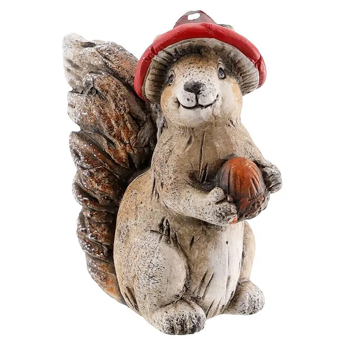 Geroma Dekofigur Keramik Eichhörnchen - L x B x H: 7 x 3,5 x 8 cm, Farbe: Braun, Rot - Eichhörnchenfigur mit rotem Pilzhut und einer braunen Eichel in den Pfoten.
