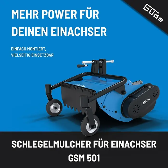 Güde Schlegelmulcher - Passend für: Motoreinachser GME 6,5 V, 500 mm Schnittbreite, 10-70 mm Schnitthöhe - Blauer und schwarzer Schlegelmulcher-Anbau für Einachser mit Rädern und Griff.