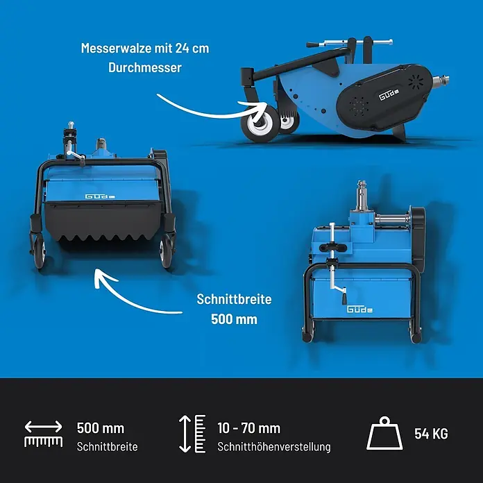 Güde Schlegelmulcher - Passend für: Motoreinachser GME 6,5 V, 500 mm Schnittbreite, 10-70 mm Schnitthöhe - Blauer Güde Vertikutierer mit 500mm Schnittbreite, 24cm Messerwalze und 10-70mm Schnitthöhenverstellung. Gewicht 54 kg.