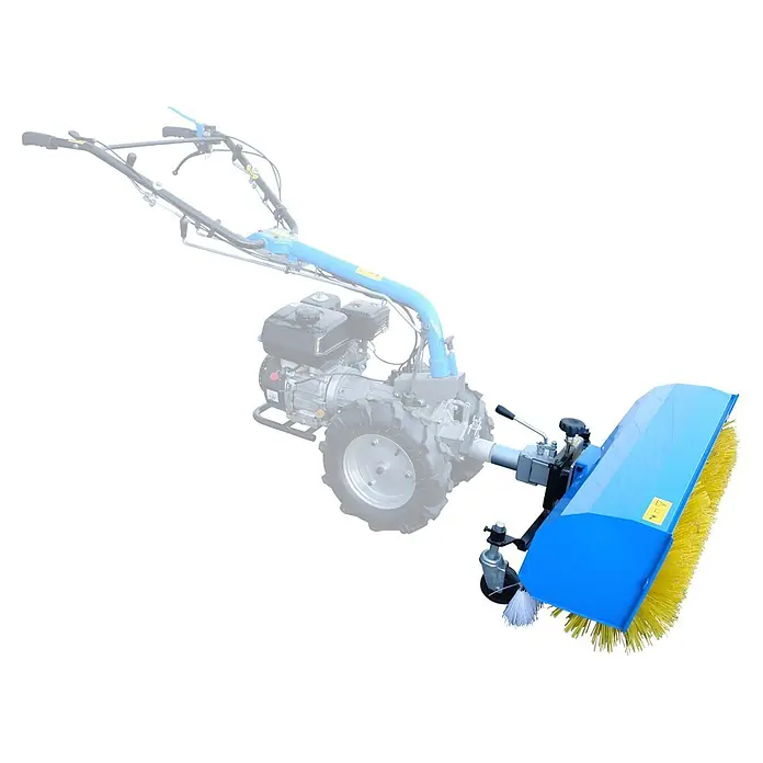 Güde Kehrmaschine - Passend für Güde Motoreinachser GME 6.5V, Breite Bürste: 900 mm - Blau-schwarzer Einachsschlepper mit einer vorne angebrachten Kehrbürste mit gelben Borsten.