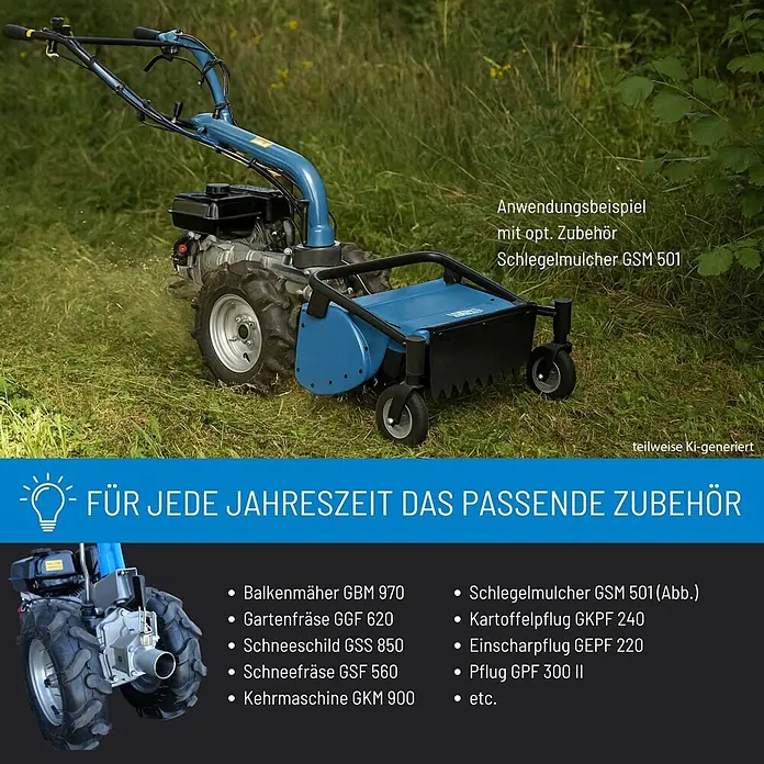 Güde Motoreinachser - Leistung: 4,8 kW, 4-Takt - Ein blauer Einachsschlepper mit angebautem Schlegelmulcher arbeitet in hohem Gras auf einem Feld.