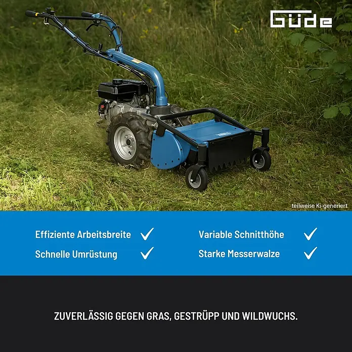 Güde Schlegelmulcher - Passend für: Motoreinachser GME 6,5 V, 500 mm Schnittbreite, 10-70 mm Schnitthöhe - Blauer Motormäher mit großem Mähkopf und robusten Reifen, der aktiv hohes Gras auf einem Feld schneidet.