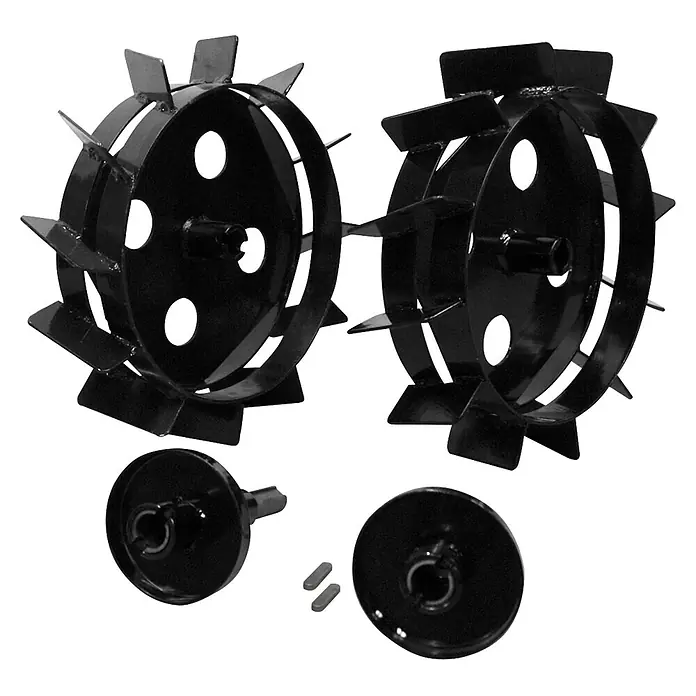 Güde Ersatzräder für Motorhacke - Passend für: Motoreinachser GME 6,5 V, Gesamtstückzahl: 2 Stk. - Schwarze Metall-Hackräder/Fräsen und Antriebsadapter mit Keilen für Gartenhacken zur Bodenbearbeitung.