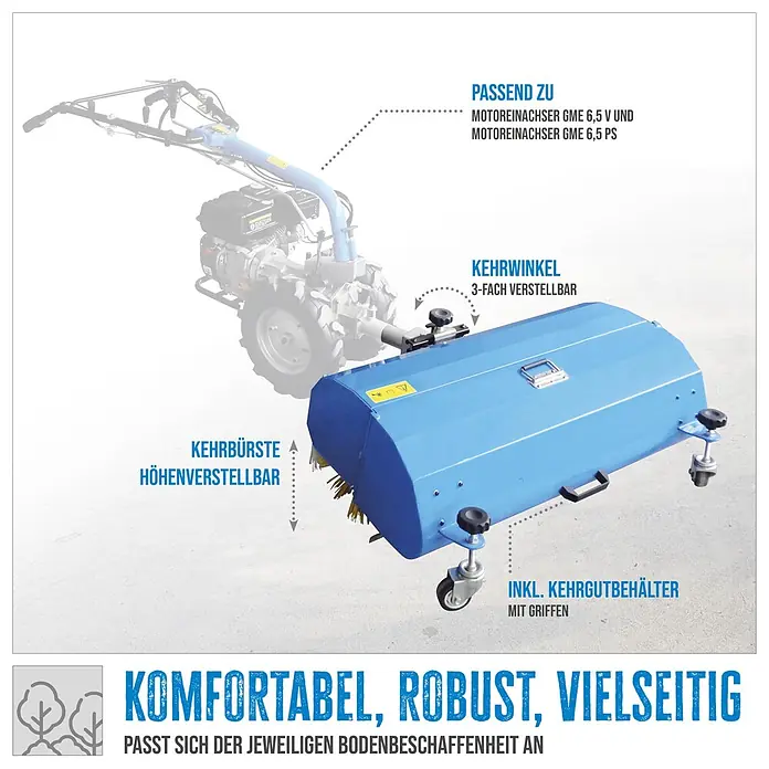 Güde Kehrmaschine - Passend für Güde Motoreinachser GME 6.5V, Breite Bürste: 900 mm - Blauer Kehrmaschinenanbau für Einachser, mit höhen- und winkelverstellbarer Bürste und integriertem Kehrgutbehälter.