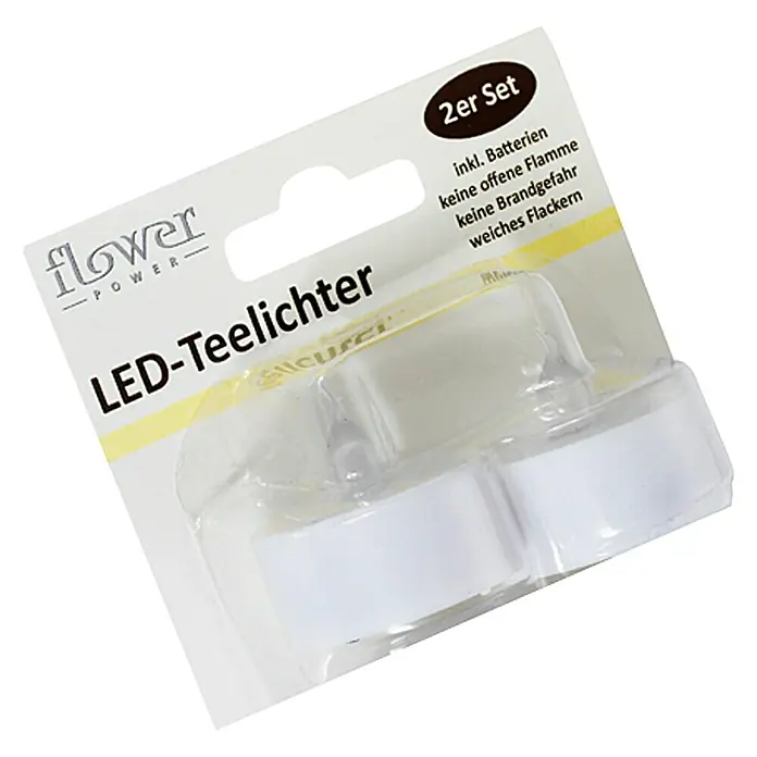 Flower Power LED-Teelicht - Ø x H: 3,8 cm x 3,5 mm, Weiß, 2 Stk. - Bild einer 2er-Packung LED-Teelichter von Flower Power, inklusive Batterien, ohne offene Flamme und mit weichem Flackern.