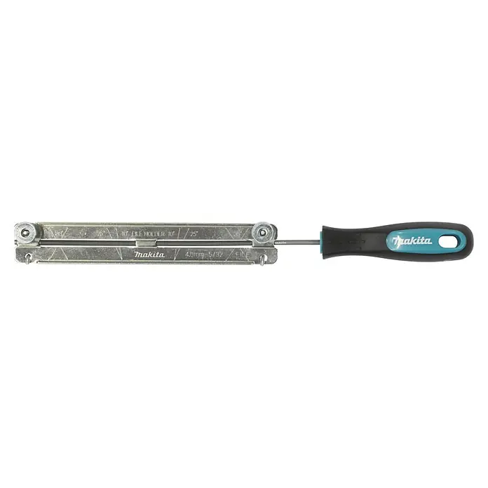 Makita LXT 18V Einhand-Akku-Kettensäge DUC101RX06 - 18 V, Li-Ionen, 2 Akkus, Schwertlänge: 10 cm - Makita Kettensägen-Feilenhalter mit Feile und ergonomischem Griff, zeigt Winkel (10°, 25°, 30°) und Feilengröße (4,0mm, 5/32).