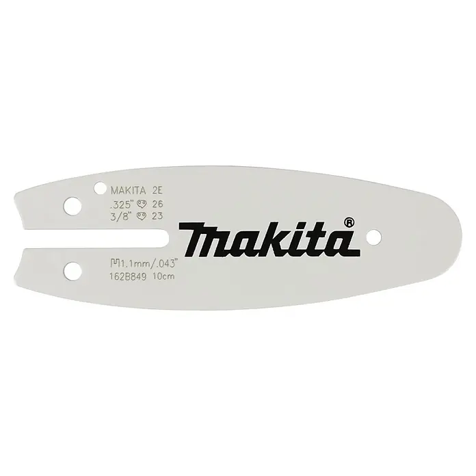 Makita LXT 18V Einhand-Akku-Kettensäge DUC101RX06 - 18 V, Li-Ionen, 2 Akkus, Schwertlänge: 10 cm - Makita hellgraue Kettensägenführungsschiene mit schwarzem Branding und technischen Daten für Kettengröße und Länge (10cm).