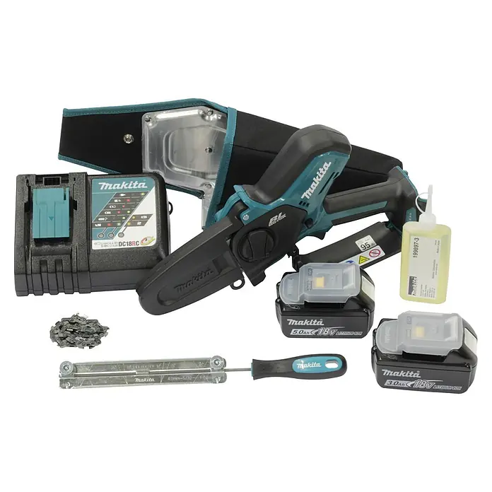 Makita LXT 18V Einhand-Akku-Kettensäge DUC101RX06 - 18 V, Li-Ionen, 2 Akkus, Schwertlänge: 10 cm - Makita Akku-Kettensägen-Set in Türkis/Schwarz mit Ladegerät, zwei Akkus, Kette, Öl und Feile.
