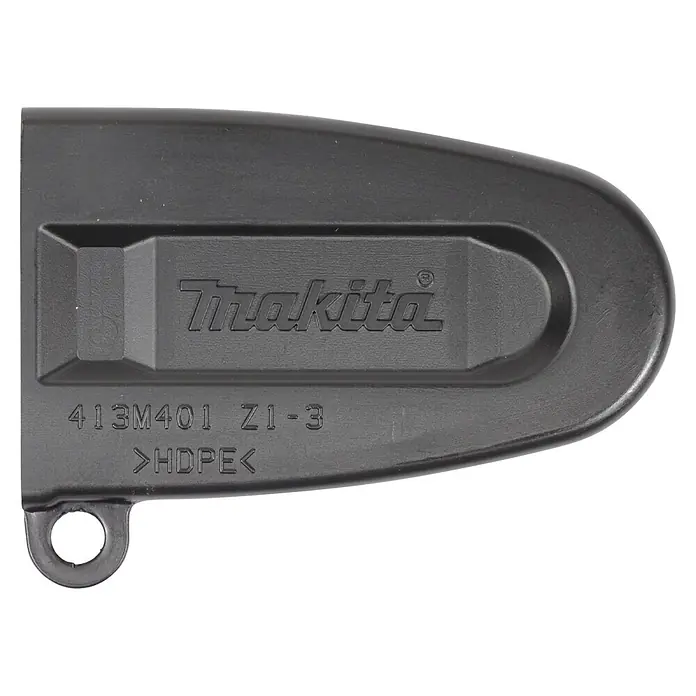 Makita LXT 18V Einhand-Akku-Kettensäge DUC101RX06 - 18 V, Li-Ionen, 2 Akkus, Schwertlänge: 10 cm - Dunkelgraue Kunststoff-Makita-Kettensägen-Führungsschienenabdeckung aus HDPE, mit Logo und Produktdetails.