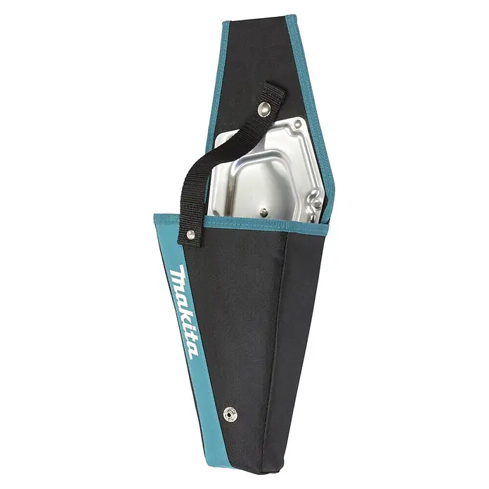 Makita LXT 18V Einhand-Akku-Kettensäge DUC101RX06 - 18 V, Li-Ionen, 2 Akkus, Schwertlänge: 10 cm - Schwarzes und blaues Makita Werkzeugholster mit Gurt, das einen Metalleinsatz zeigt.