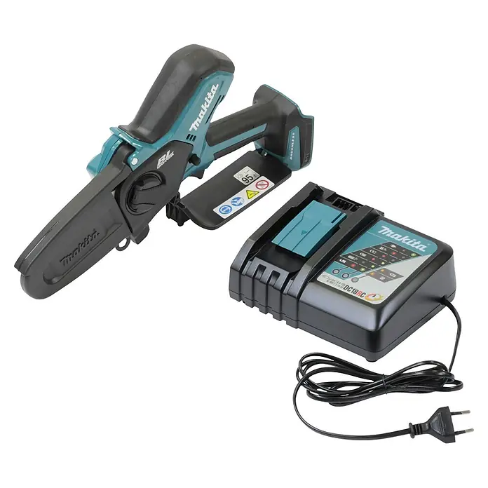Makita LXT 18V Einhand-Akku-Kettensäge DUC101RX06 - 18 V, Li-Ionen, 2 Akkus, Schwertlänge: 10 cm - Makita Mini-Kettensägen-Set in Türkis und Schwarz, bestehend aus Säge, Akku und Ladegerät.