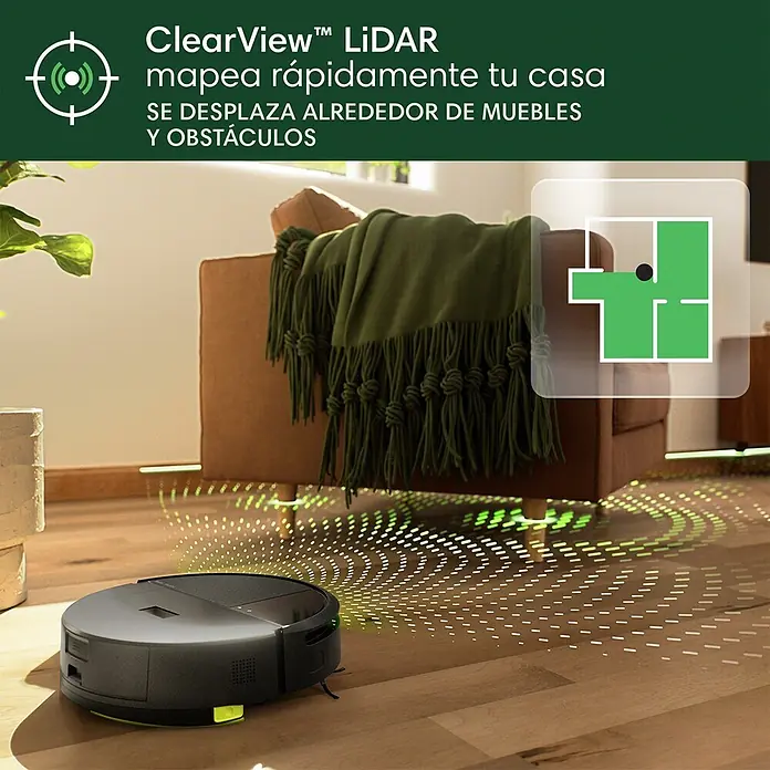 iRobot Robot aspirador con mopa Roomba 205 Combo - Capacidad del robot: 1.820 ml - Un robot aspirador negro usa LiDAR para mapear una habitación, navegando alrededor de muebles, con patrones de luz en el suelo y un mapa.