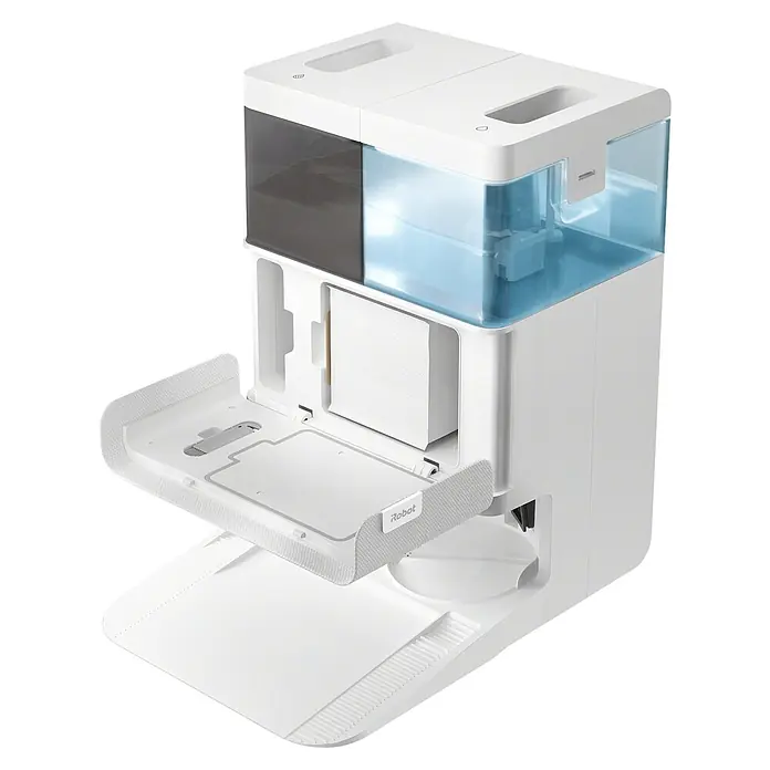 iRobot Robot aspirador con mopa Roomba Plus 405 Combo - Capacidad del robot: 295 ml - Estación base blanca para robot aspirador con depósitos de líquido transparentes y panel frontal abierto que muestra recambios apilables.