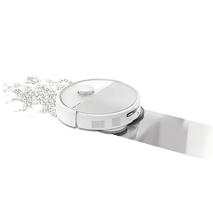 iRobot Robot aspirador con mopa Roomba Plus 405 Combo - Capacidad del robot: 295 ml - Robot aspirador circular blanco y gris fregando un suelo sucio, dejando una estela limpia.