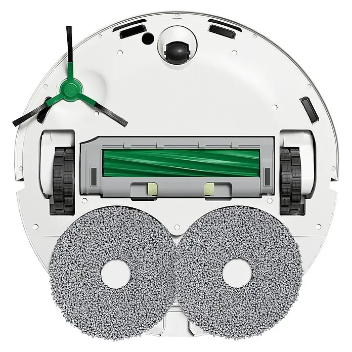 iRobot Robot aspirador con mopa Roomba Plus 405 Combo - Capacidad del robot: 295 ml - Parte inferior de un robot aspirador blanco con cepillos principal y lateral verdes, y dos almohadillas de mopa grises.