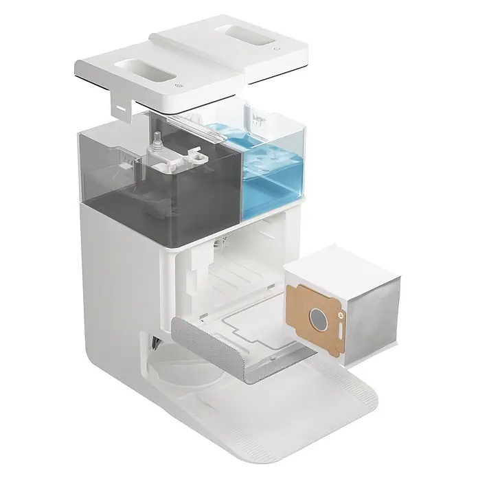 iRobot Robot aspirador con mopa Roomba Plus 405 Combo - Capacidad del robot: 295 ml - Vista explosionada de una estación de limpieza blanca para robot aspirador, mostrando depósitos de agua (uno con agua azul), una bolsa de polvo y una base extraíble.