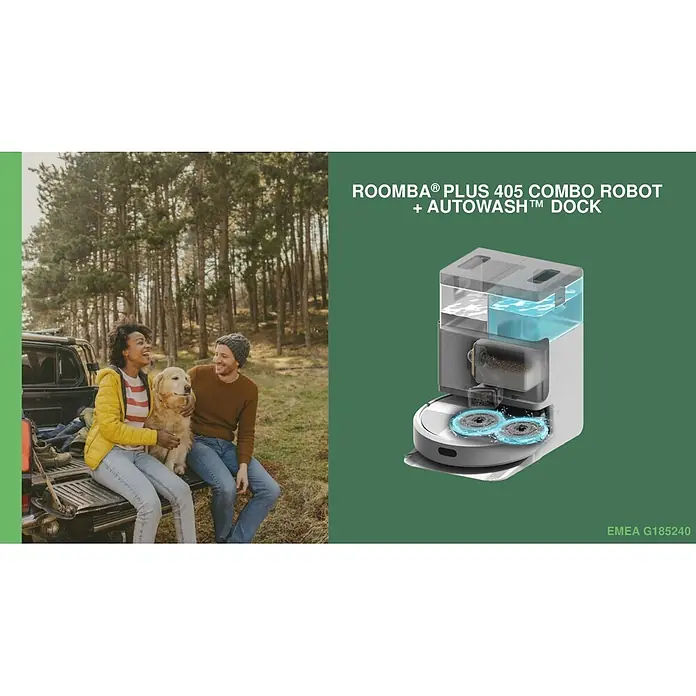 iRobot Robot aspirador con mopa Roomba Plus 405 Combo - Capacidad del robot: 295 ml - Roomba Plus 405 Combo Robot + AutoWash Dock: Robot gris con dos almohadillas de trapeado giratorias limpiándose en la base con tanques de agua claros.