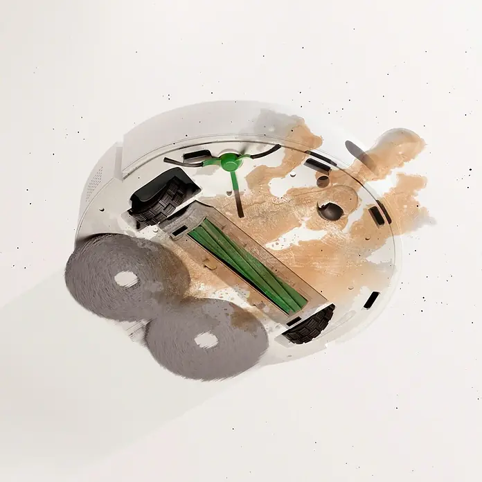 iRobot Robot aspirador con mopa Roomba Plus 405 Combo - Capacidad del robot: 295 ml - Vista inferior de un robot aspirador blanco, con rodillos y cepillo lateral verdes, limpiando activamente un suelo sucio con líquido marrón y partículas oscuras.