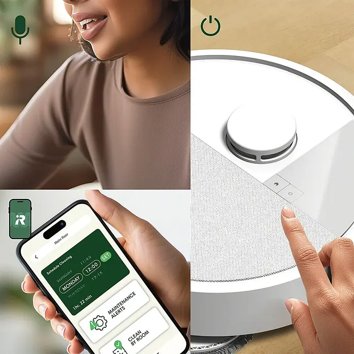 iRobot Robot aspirador con mopa Roomba Plus 405 Combo - Capacidad del robot: 295 ml - Collage de un robot aspirador blanco controlado por voz, una aplicación de smartphone y botones directos.