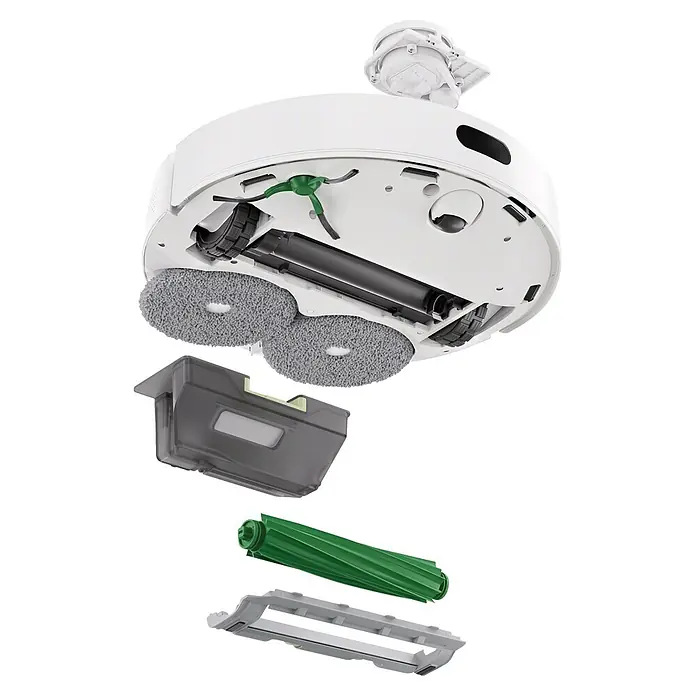 iRobot Robot aspirador con mopa Roomba Plus 405 Combo - Capacidad del robot: 295 ml - Parte inferior de robot aspirador blanco con cepillo lateral verde, mopas, y depósito gris, cepillo principal verde y protector de cepillo gris desmontados.