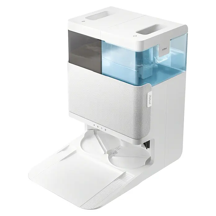 iRobot Robot aspirador con mopa Roomba Plus 405 Combo - Capacidad del robot: 295 ml - Base blanca iRobot de vaciado y llenado de agua con depósitos transparentes oscuros y azul claro, y un panel frontal de tela blanca.