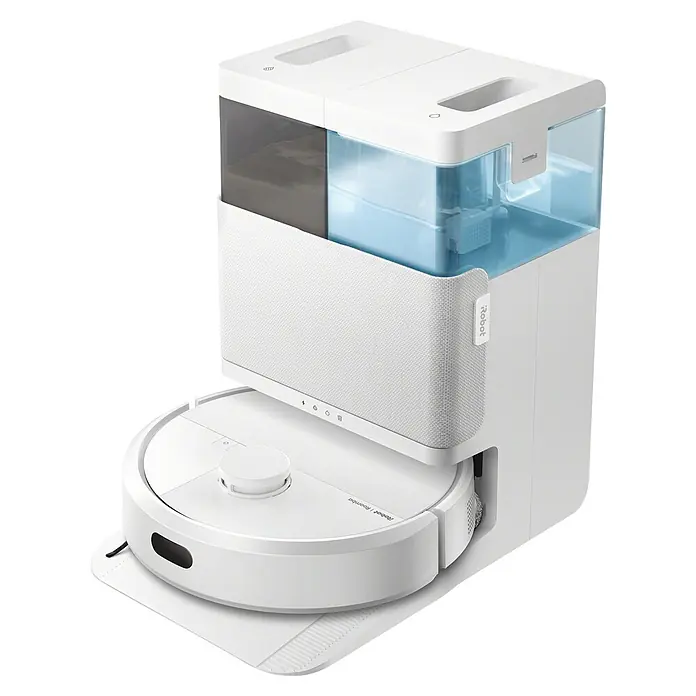 iRobot Robot aspirador con mopa Roomba Plus 405 Combo - Capacidad del robot: 295 ml - Robot aspirador blanco acoplado en su estación de autovaciado blanca con depósitos transparentes y frontal de tela.