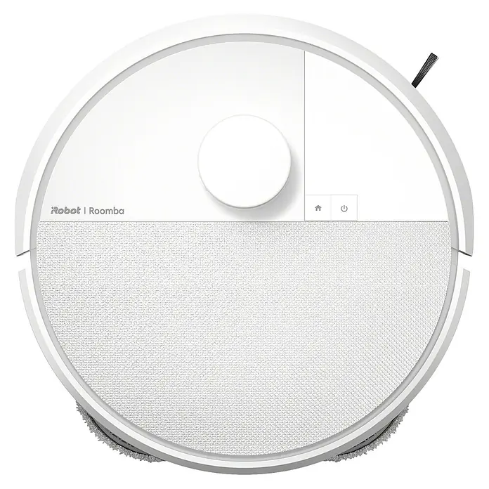 iRobot Robot aspirador con mopa Roomba Plus 405 Combo - Capacidad del robot: 295 ml - Aspirador Robot Roomba circular blanco, vista superior, con texto 'Robot | Roomba', superficie texturizada, botón central e iconos de control.