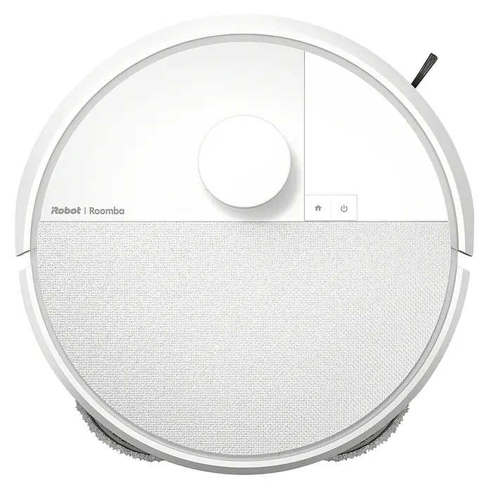 iRobot Robot aspirador con mopa Roomba Plus 405 Combo - Capacidad del robot: 295 ml - Aspirador robot Roomba blanco circular, visto desde arriba. Presenta un control circular central, dos botones pequeños y un panel texturizado.