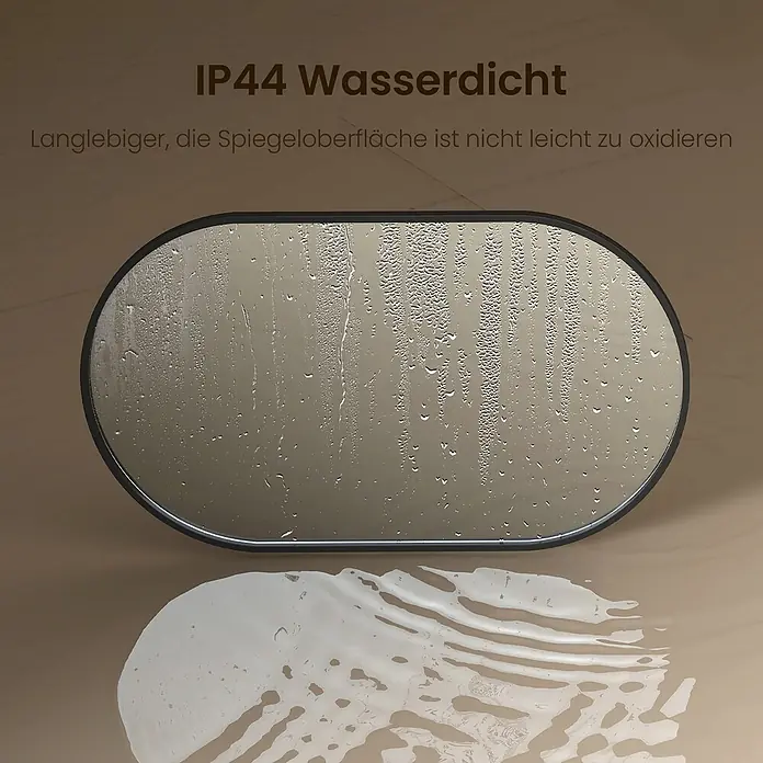 Emke Rahmenspiegel OM18 - Glas - Ovaler Spiegel mit schwarzem Rahmen, wasserdicht (IP44) und oxidationsbeständig, mit sichtbaren Wassertropfen.
