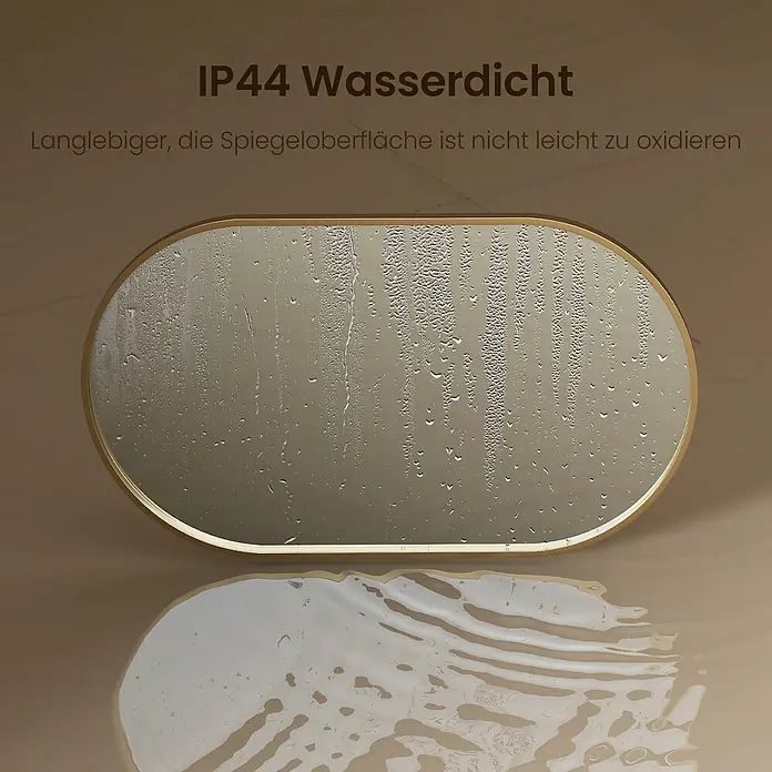 Emke Rahmenspiegel OM18 - 100 x 60 cm, Glas - Ovaler Spiegel mit goldenem Rahmen, IP44 wasserdicht, bedeckt mit Kondenswasser.