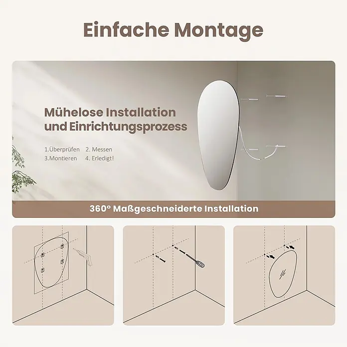 Emke Wandspiegel M33 -  - Installationsanleitung für einen rahmenlosen, unregelmäßig geformten Wandspiegel, die den einfachen Montageprozess zeigt.