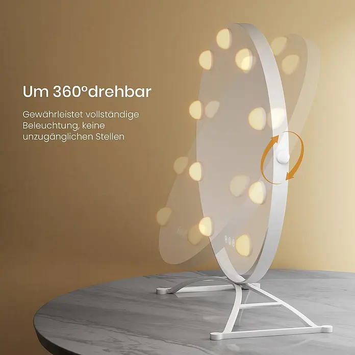 Emke Kosmetikspiegel CM11 - 40 x 47 cm, Rund, Weiß - Weißer 360° drehbarer Schminkspiegel mit Lichtern, sorgt für vollständige Ausleuchtung ohne tote Winkel.