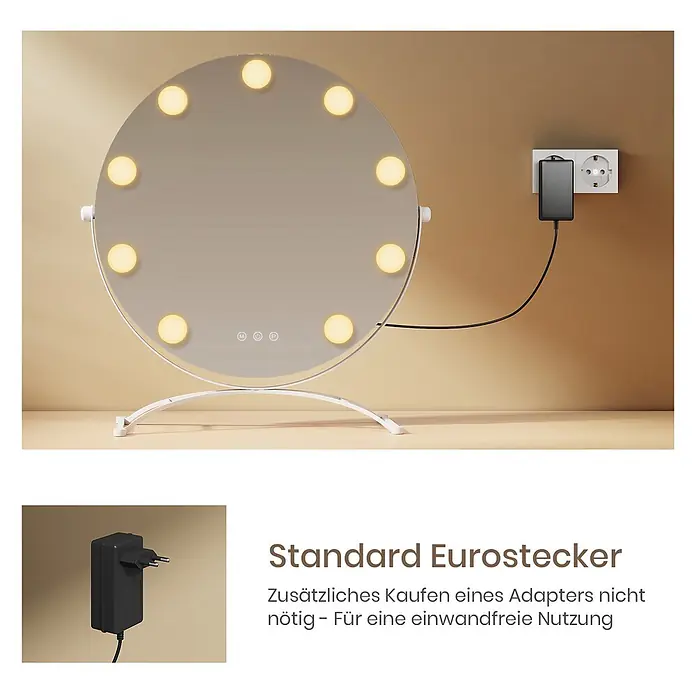 Emke Kosmetikspiegel CM11 - 40 x 47 cm, Rund, Weiß - Runder beleuchteter Schminkspiegel, mit seinem Standard-Eurostecker an eine Steckdose angeschlossen.