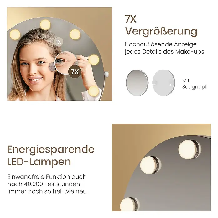 Emke Kosmetikspiegel CM11 - 40 x 47 cm, Rund, Weiß - Runder LED-beleuchteter Kosmetikspiegel mit 7-facher Vergrößerung für detailliertes Make-up. Mit energiesparenden LEDs und zusätzlichem Saugnapfspiegel.