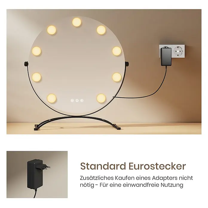 Emke Kosmetikspiegel CM11 - Rund, Schwarz - Runder beleuchteter Schminkspiegel mit schwarzem Standfuß, per Eurostecker in eine Steckdose gesteckt.