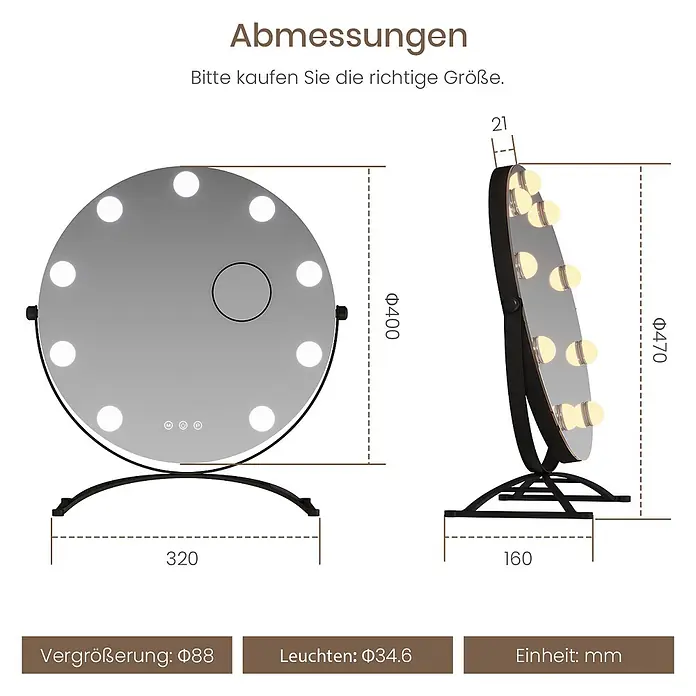 Emke Kosmetikspiegel CM11 - Rund, Schwarz - Runder Schminkspiegel mit beleuchtetem Rand und schwarzem Standfuß, detaillierte Produktabmessungen.